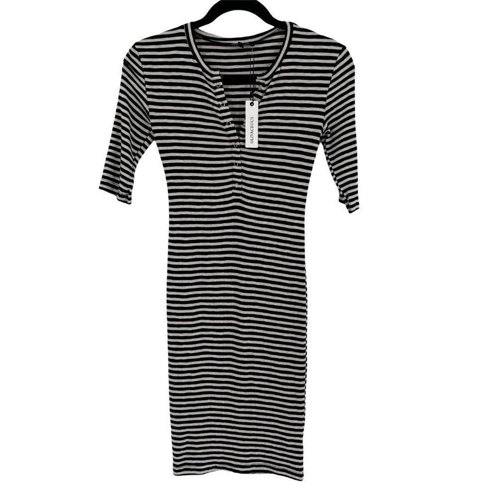 Olivaceous Stripe Bodycon Mini Dress Stretch Soft Button Front Black White Small